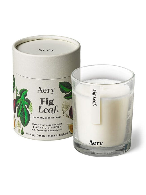 Cream Fig Leaf candle by Aery displayed next to product packaging on white background 