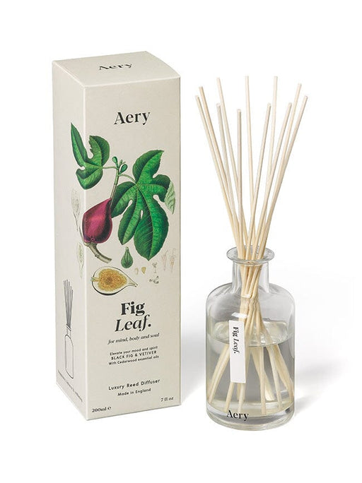 Cream Fig Leaf diffuser by Aery displayed next to product packaging  on white background