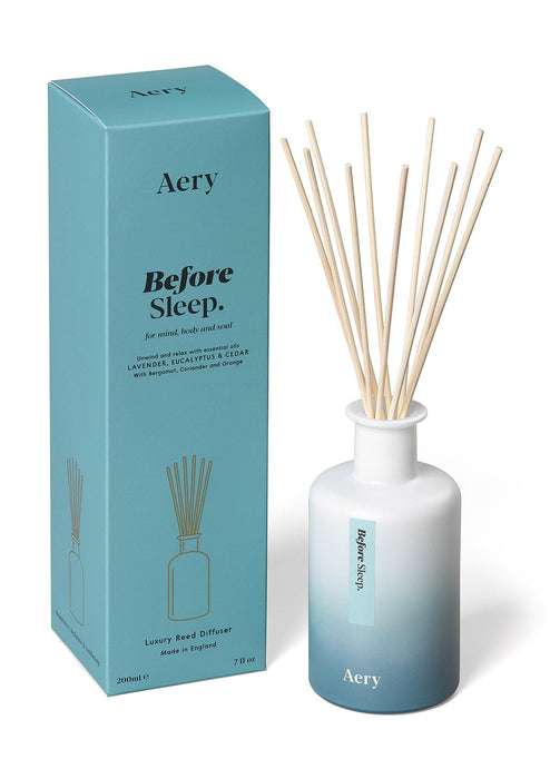 Blue Before Sleep diffuser by Aery displayed next to product packaging on white background 