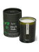 Green Black Oak candle displayed next to product packaging on white background 