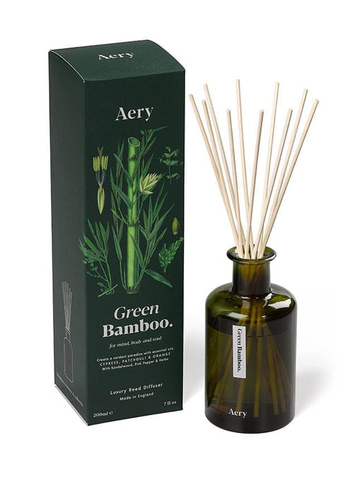 Green Bamboo diffuser by Aery displayed next to product packaging on white background 