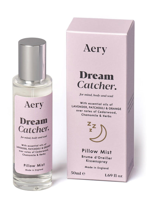 Lilac Dream Catcher Pillow Mist by Aery displayed next to product packaging on white bacground 