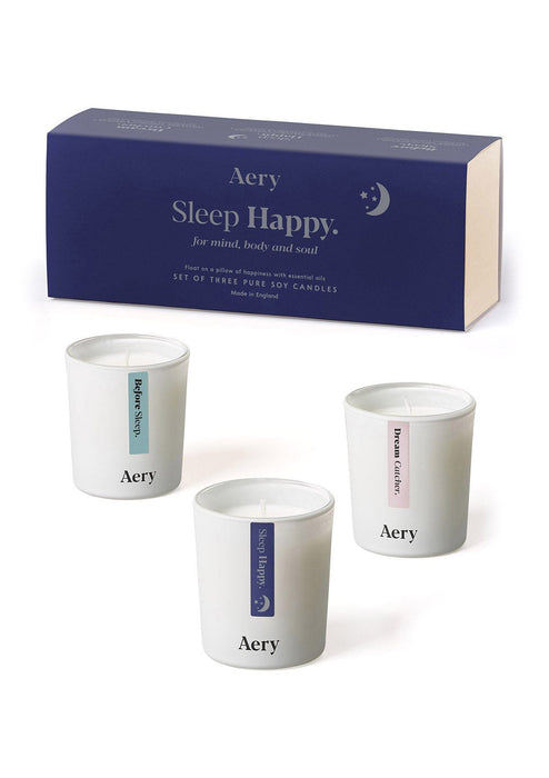 Blue Sleep Happy gift set of three candles by Aery displayed next tot product packaging on white bacground 