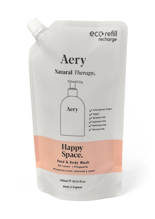 Pink Happy Space hand and body wash refill pouch by aery displayed on white bacground 