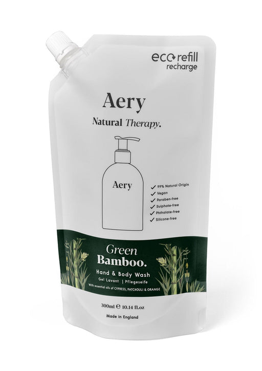 Green Bamboo hand and body wash refill pouch by aery displayed on white background 