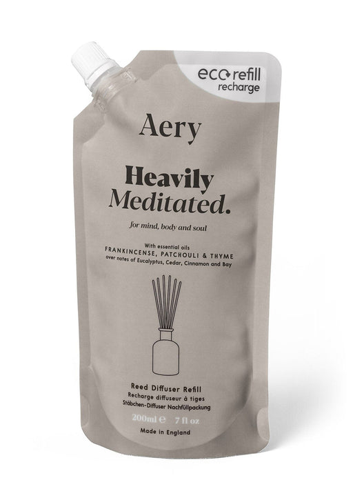 Beige Heavily Meditated reed diffuser refill pouch by aery displayed on white bacground 