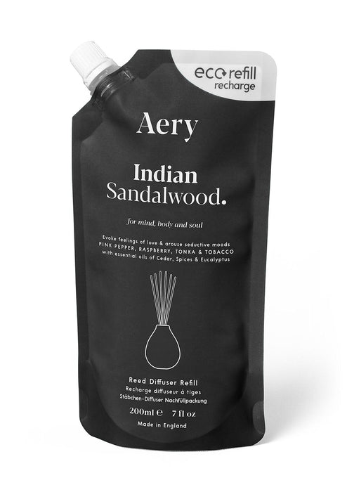 Black Indian sandalwood reed diffuser refill pouch by aery on white background 