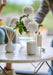 White Nordic Cedar diffuser by aery displayed by nordic cedar candle and room mist placed in front of vase of white flowers 