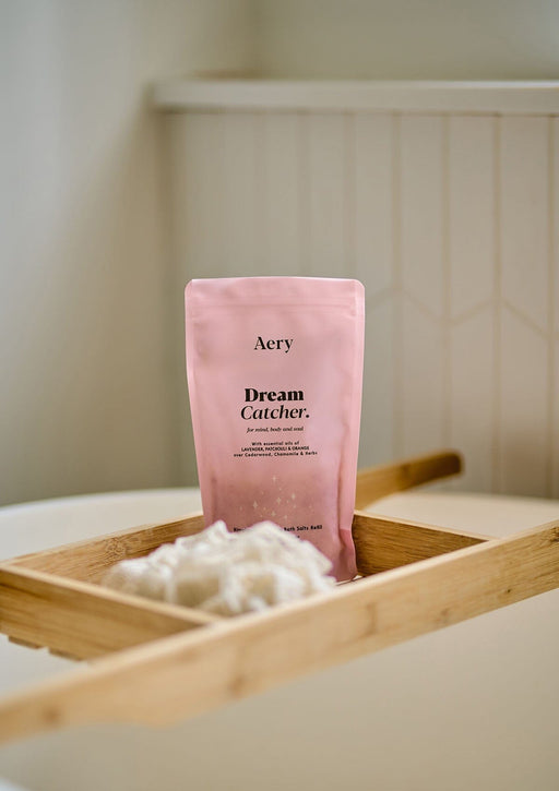 dream catcher bath salt refill bag displayed in bathroom setting