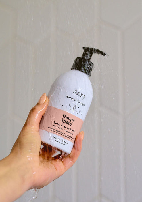 happy space body wash in the shower